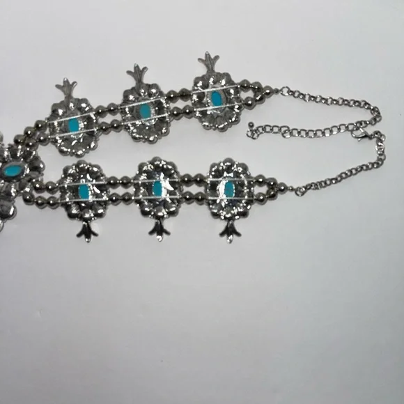 Silver tone squash blossom necklace with rhinestones & faux turquoise - Picture 12 of 13
